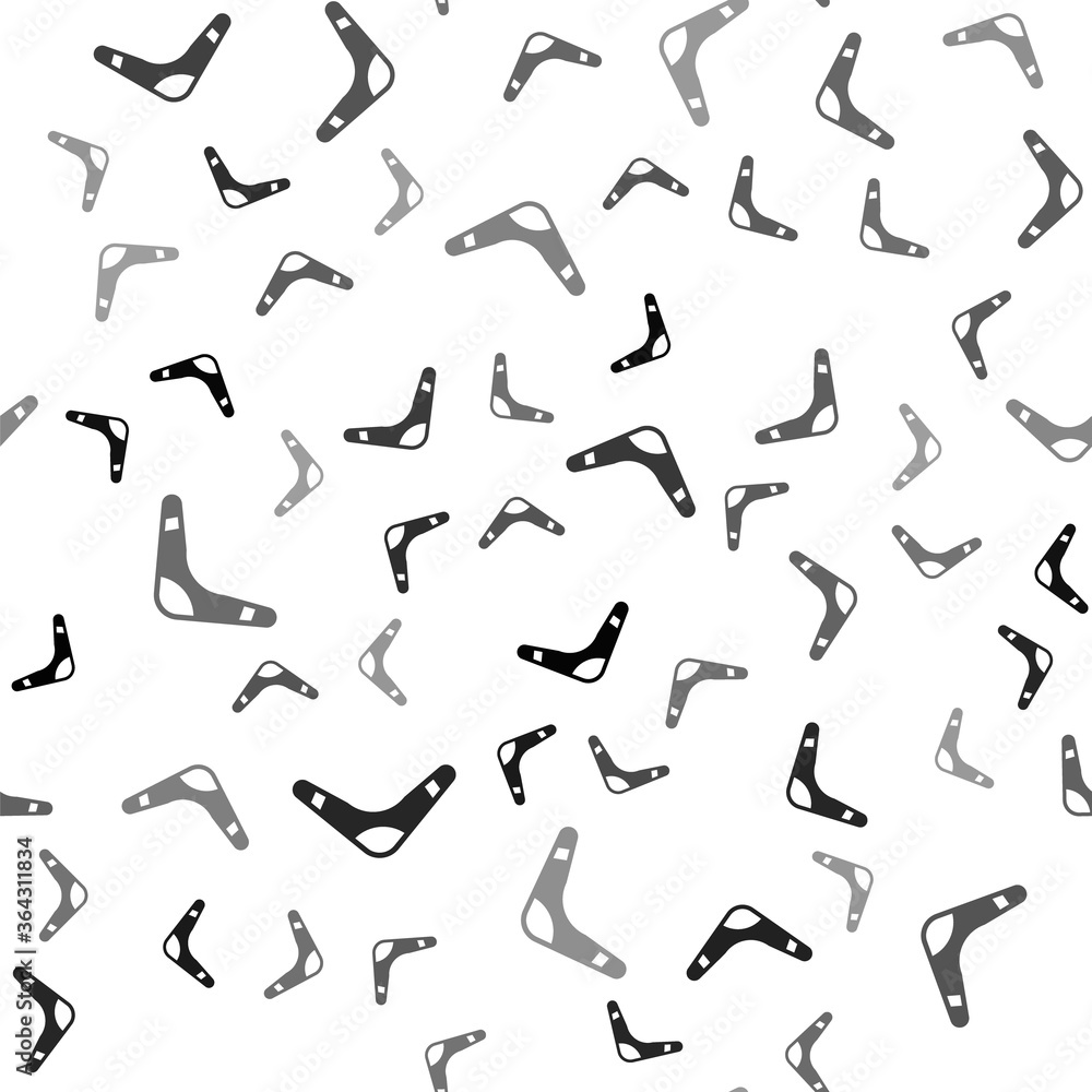 Black Boomerang icon isolated seamless pattern on white background. Vector.