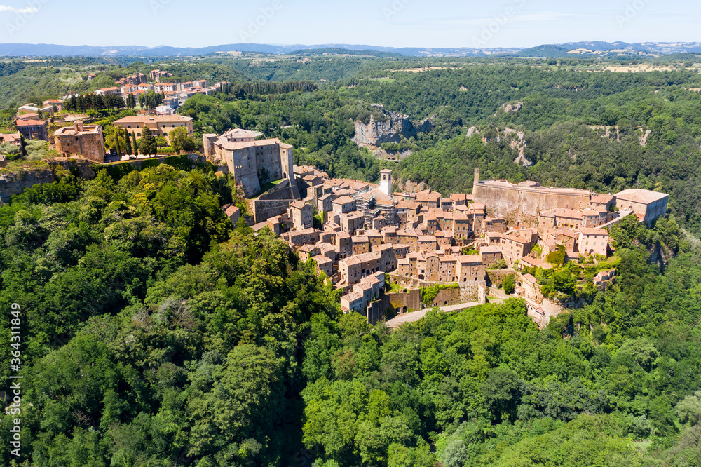 Aerial view of the medieval town of Sorano in the province of Grosseto on the hills of the tuscan maremma