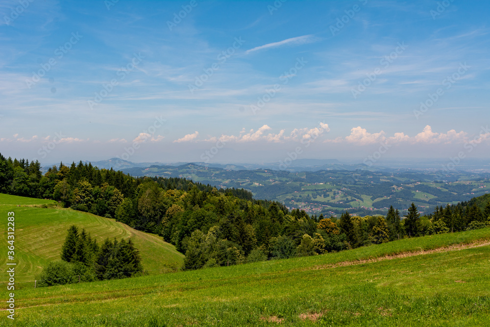 Nice view over the hills of south Styria, Austria. A lot of farmland a vineyards