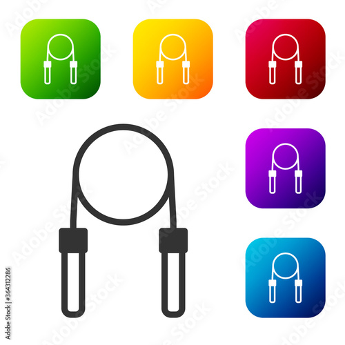 Black Jump rope icon isolated on white background. Skipping rope. Sport equipment. Set icons in color square buttons. Vector.