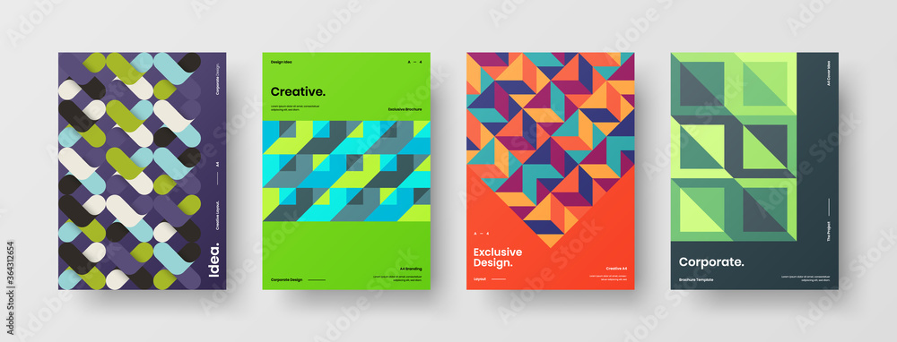 Obraz premium Company identity brochure template collection. Business presentation vector A4 vertical orientation front page mock up set. Corporate report cover abstract geometric illustration design layout bundle.