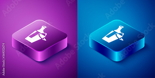 Isometric Bottle of wine in an ice bucket icon isolated on blue and purple background. Square button. Vector.