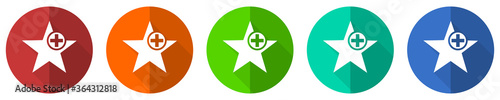 Star icon set, red, blue, green and orange flat design web buttons isolated on white background, vector illustration