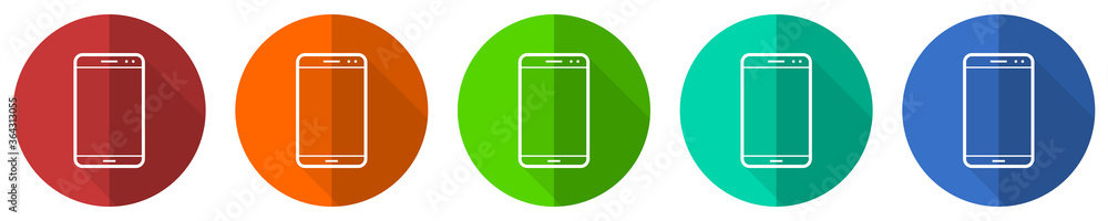 Smartphone icon set, mobile phone, red, blue, green and orange flat design web buttons isolated on white background, vector illustration Smartphone icon set, mobile phone, red, blue, green and orange flat design web buttons isolated on white background, vector illustration