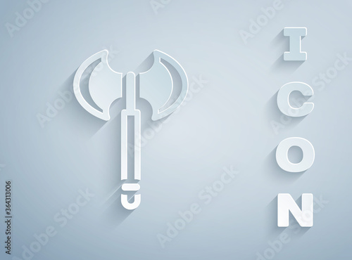 Paper cut Medieval axe icon isolated on grey background. Battle axe, executioner axe. Medieval weapon. Paper art style. Vector.