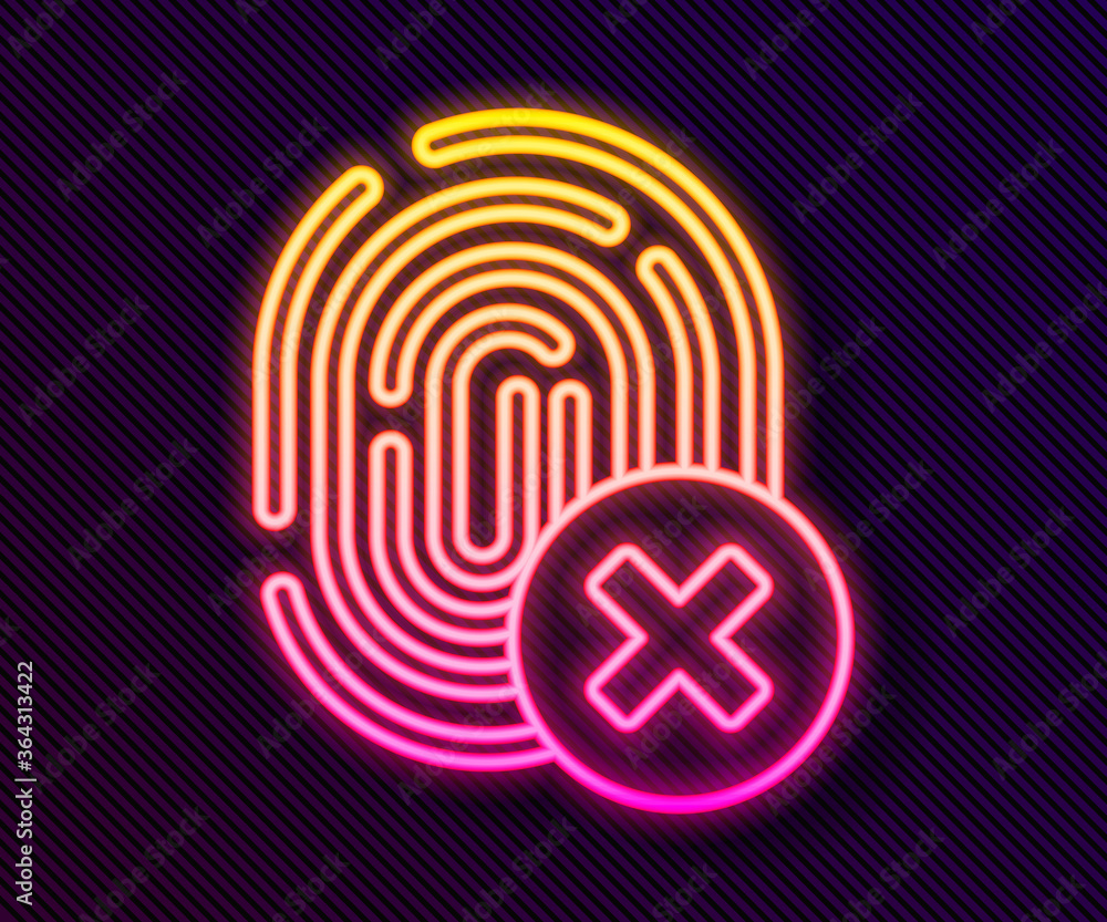Glowing neon line Cancelled fingerprint icon isolated on black background. Access denied for user concept. Error, fraud. Identification sign. Touch id. Vector. Glowing neon line Cancelled fingerprint icon isolated on black background. Access denied for user concept. Error, fraud. Identification sign. Touch id. Vector.