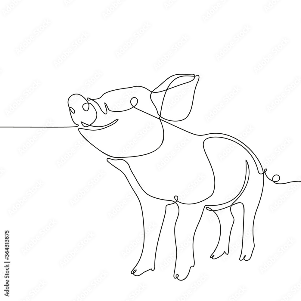 One line drawing of pig, Black and white vector minimalistic hand drawn illustration