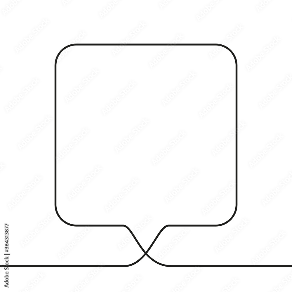 Continuous line drawing of square speech bubble, Black and white vector minimalistic linear illustration made of one line Continuous line drawing of square speech bubble, Black and white vector minimalistic linear illustration made of one line