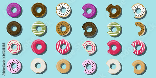 Donut vector set isolated on a blue background. Donut collection top view.