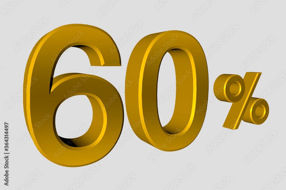 The inscription is 60% of realistic 3D numbers in gold metalic color. Illustration of a sixty percent discount or sale for advertising poster, banner advertising and more. 3d rendering, isolated The inscription is 60% of realistic 3D numbers in gold metalic color. Illustration of a sixty percent discount or sale for advertising poster, banner advertising and more. 3d rendering, isolated