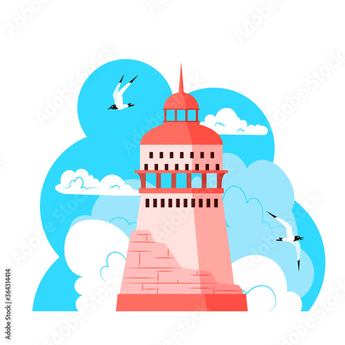 Old pink lighthouse against the sky with clouds and seagulls. Sticker. Vector