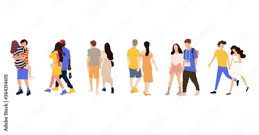 Happy romantic couples walking together. Flat cartoon characters isolated on white background. Colorful vector illustration. Happy romantic couples walking together. Flat cartoon characters isolated on white background. Colorful vector illustration.
