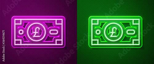 Glowing neon line Pound sterling money icon isolated on purple and green background. Pound GBP currency symbol. Vector.