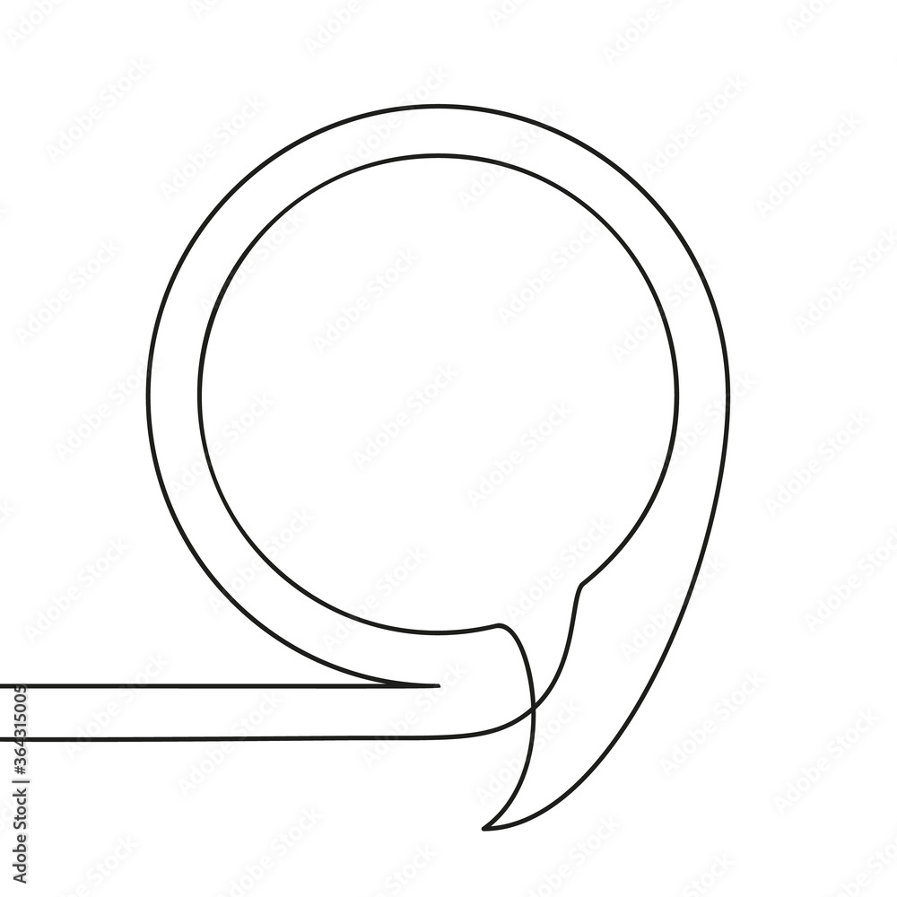 Continuous line drawing of round speech bubble, Black and white vector minimalistic linear illustration made of one line