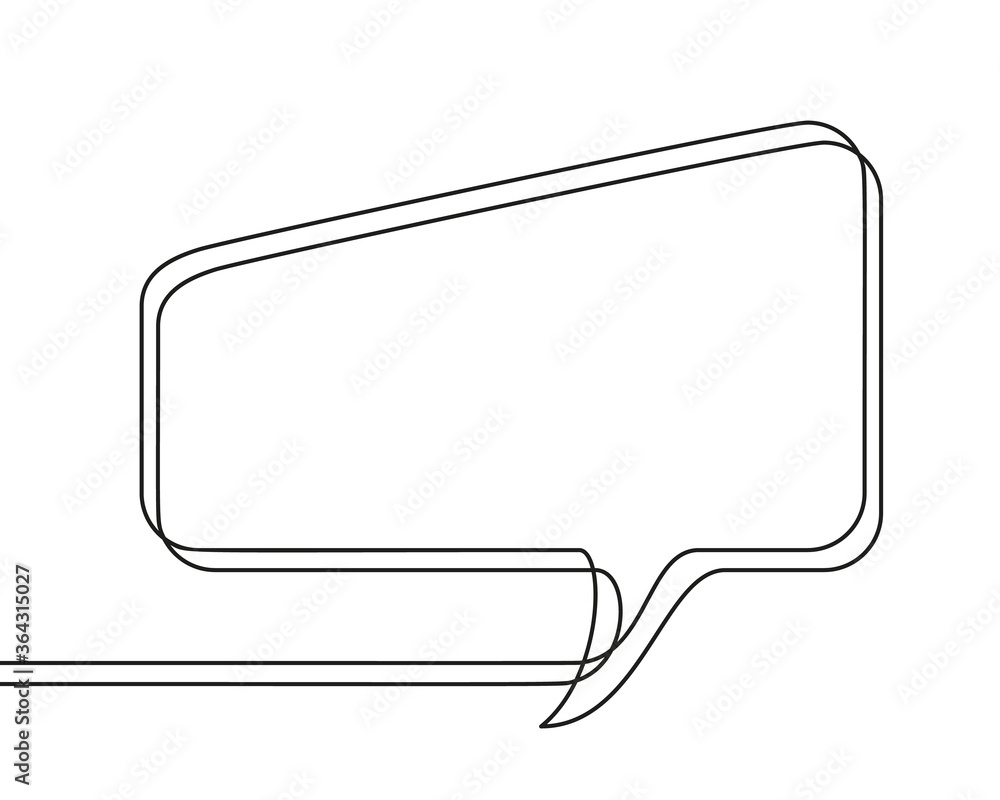 Continuous line drawing of rectangular speech bubble, Black and white vector minimalistic linear illustration made of one line Continuous line drawing of rectangular speech bubble, Black and white vector minimalistic linear illustration made of one line