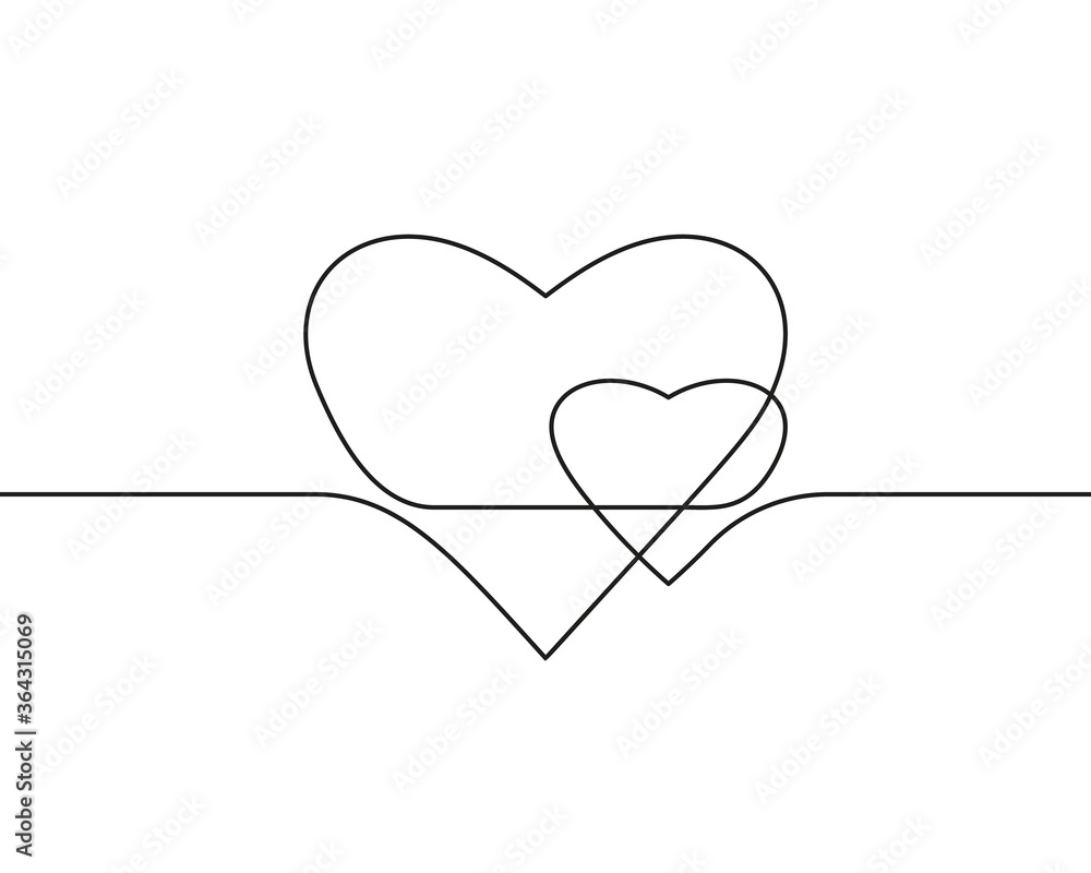 Continuous line drawing of two hearts, Black and white vector minimalist illustration of love concept made of one line