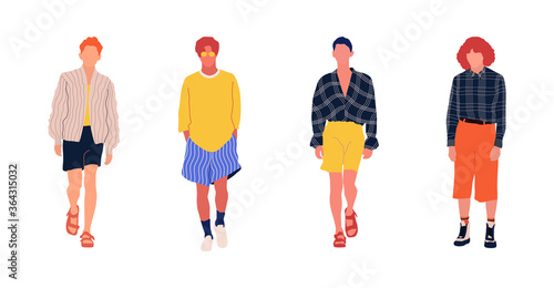Collection of young men dressed in fashionable clothes isolated on white background. Set of guys wearing trendy apparel. Bundle of street style outfits. Flat cartoon colored vector illustration.