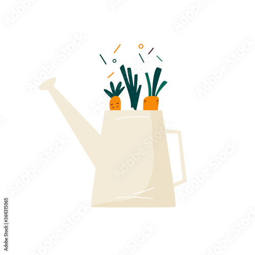 Watering can with fresh vegetables. Organic veggies. Buy local food concept