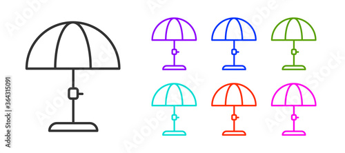 Black line Sun protective umbrella for beach icon isolated on white background. Large parasol for outdoor space. Beach umbrella. Set icons colorful. Vector.
