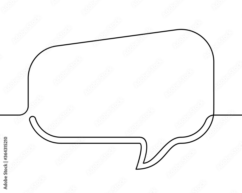Continuous line drawing of rectangular speech bubble, Black and white vector minimalistic linear illustration made of one line Continuous line drawing of rectangular speech bubble, Black and white vector minimalistic linear illustration made of one line