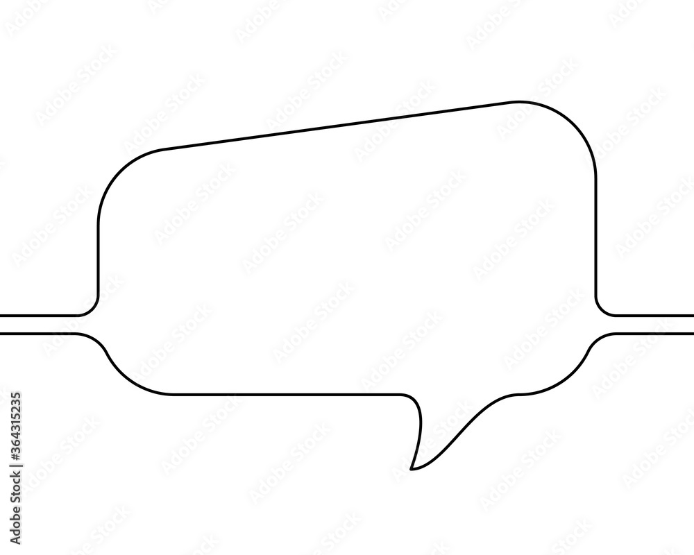 Continuous line drawing of rectangular speech bubble, Black and white vector minimalistic linear illustration made of one line Continuous line drawing of rectangular speech bubble, Black and white vector minimalistic linear illustration made of one line