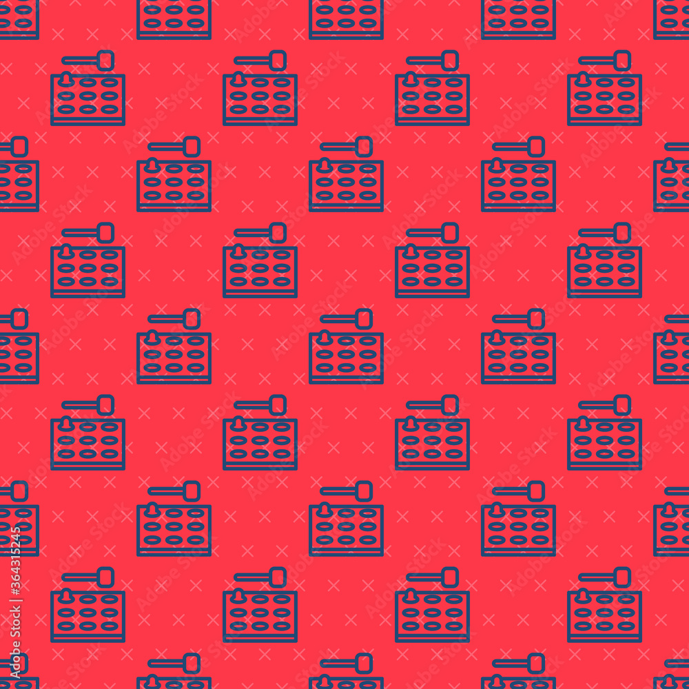 Blue line Arcade game machine with hammer icon isolated seamless pattern on red background. Amusement park attraction. Vector. Blue line Arcade game machine with hammer icon isolated seamless pattern on red background. Amusement park attraction. Vector.