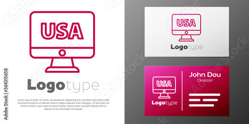 Logotype line USA United states of america on monitor icon isolated on white background. Logo design template element. Vector.