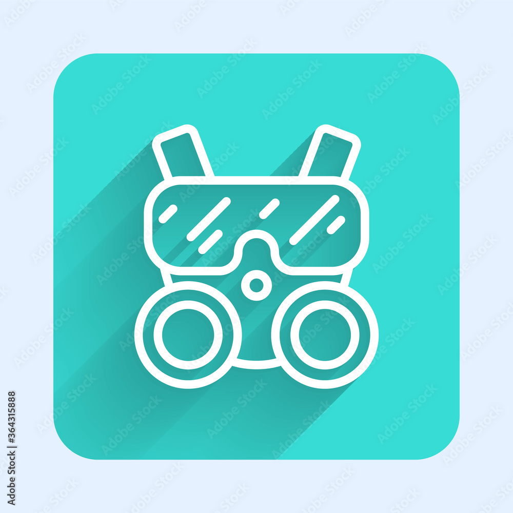 White line Gas mask icon isolated with long shadow. Respirator sign. Green square button. Vector. White line Gas mask icon isolated with long shadow. Respirator sign. Green square button. Vector.