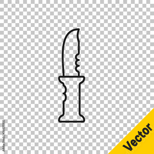 Black line Military knife icon isolated on transparent background. Vector.