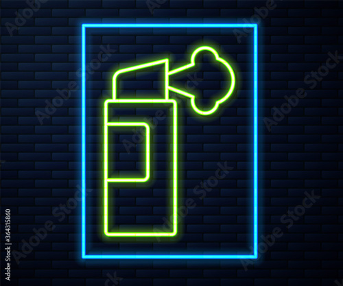 Glowing neon line Pepper spray icon isolated on brick wall background. OC gas. Capsicum self defense aerosol. Vector.
