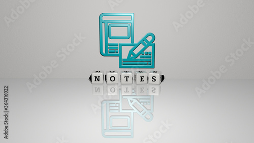 3D representation of notes with icon on the wall and text arranged by metallic cubic letters on a mirror floor for concept meaning and slideshow presentation. background and illustration © Ali