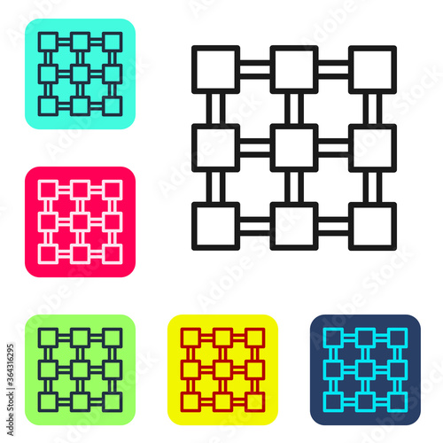 Black line Blockchain technology icon isolated on white background. Cryptocurrency data. Abstract geometric block chain network technology business. Set icons in color square buttons. Vector.
