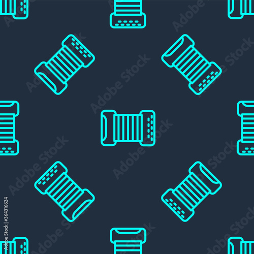 Green line Musical instrument accordion icon isolated seamless pattern on blue background. Classical bayan, harmonic. Vector.