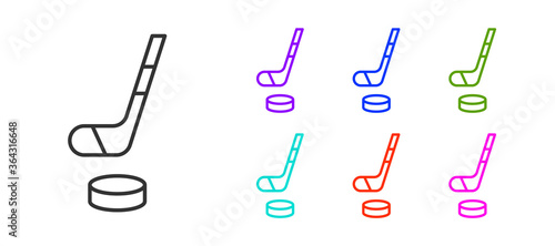 Black line Ice hockey stick and puck icon isolated on white background. Set icons colorful. Vector.