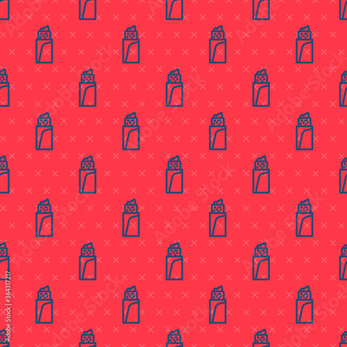 Blue line Burrito icon isolated seamless pattern on red background. Traditional mexican fast food. Vector.