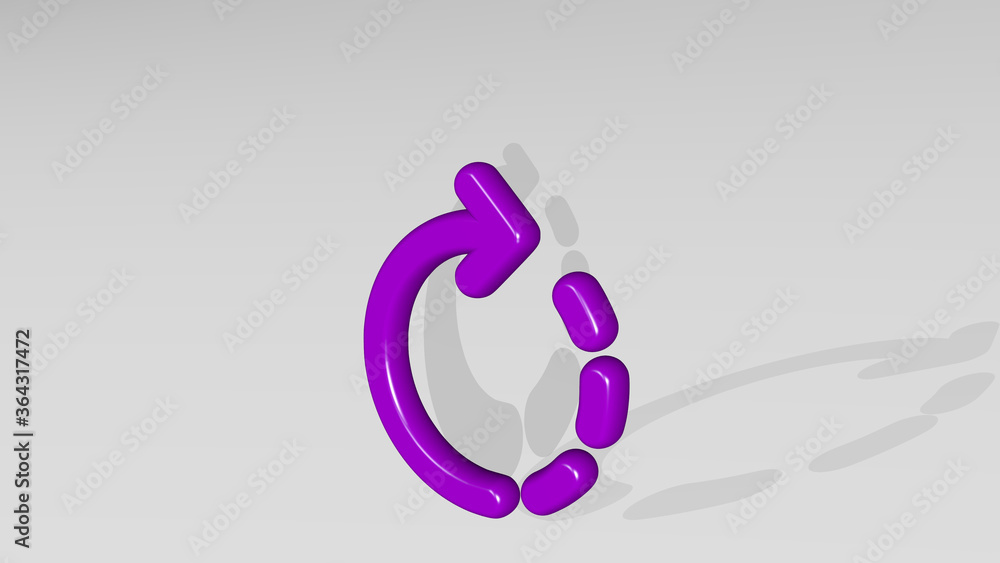 ROTATE FORWARD stand with shadow. 3D illustration of metallic sculpture over a white background with mild texture. icon and arrow ROTATE FORWARD stand with shadow. 3D illustration of metallic sculpture over a white background with mild texture. icon and arrow