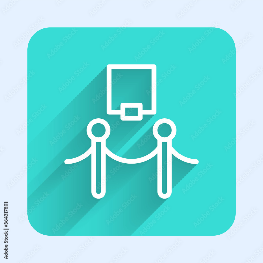White line Picture frame and rope barrier icon isolated with long shadow. Exhibit protection. Museum gallery interior. Green square button. Vector. White line Picture frame and rope barrier icon isolated with long shadow. Exhibit protection. Museum gallery interior. Green square button. Vector.