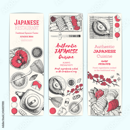 Japanese cuisine banner set. Asian food collection. Authentic dishes sketch. Vintage vector illustration