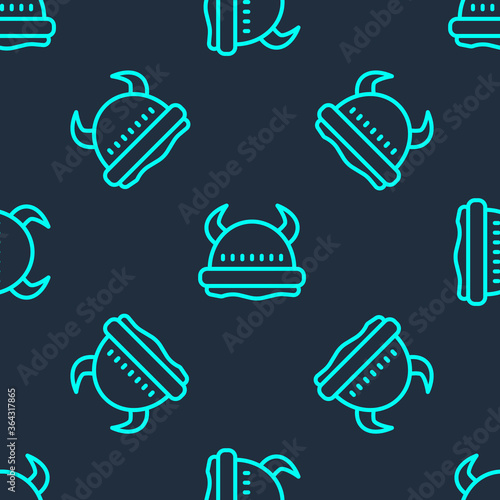 Green line Viking in horned helmet icon isolated seamless pattern on blue background. Vector.