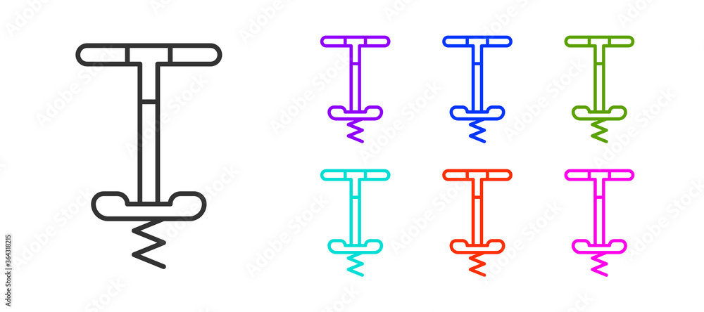 Black line Pogo stick jumping toy icon isolated on white background. Set icons colorful. Vector. Black line Pogo stick jumping toy icon isolated on white background. Set icons colorful. Vector.