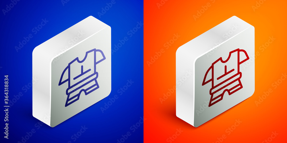 Isometric line Body armor icon isolated on blue and orange background. Silver square button. Vector. Isometric line Body armor icon isolated on blue and orange background. Silver square button. Vector.