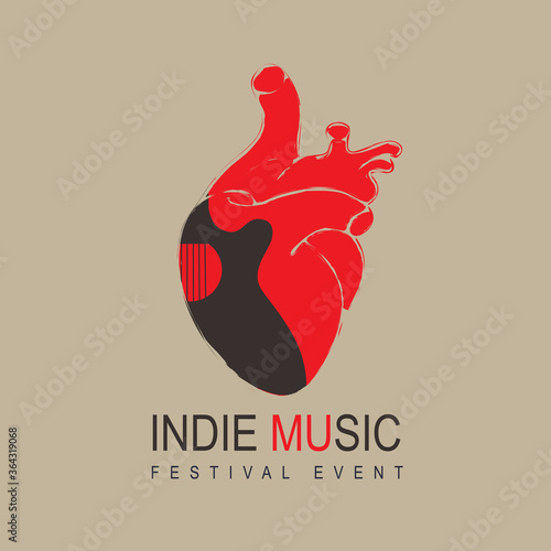 Poster for an indie music festival with a black guitar inside a red human heart. Creative vector illustration, suitable for banner, cover, flyer, invitation, playbill. Music collection