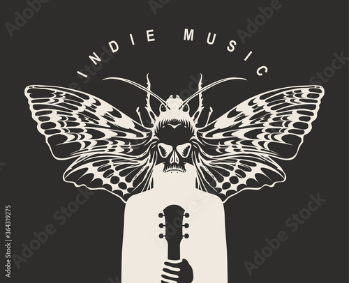 Indie music festival poster with a mysterious winged creature with a moth instead of a head, who holds a guitar. Creative vector illustration, suitable for banner, flyer, invitation, playbill, cover