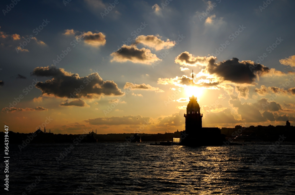 Maiden's Tower with sunset sky in Istanbul, Turkey. Maiden's tower, the symbol of Istanbul.