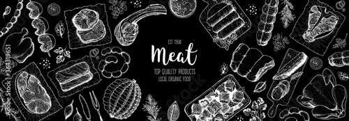 Meat products top view frame. Vector illustration. Engraved design. Hand drawn illustration. Pieces of meat design template. Great for package design. Chicken, beef, pork, sausage, lamb, ham sketch.