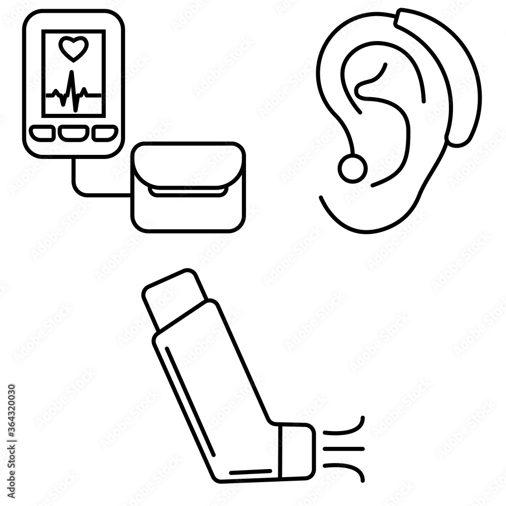Vector graphics, set of Medical equipment icons, pressure meter, hearing aid, inhaler. Flat design. Vector graphics, set of Medical equipment icons, pressure meter, hearing aid, inhaler. Flat design.