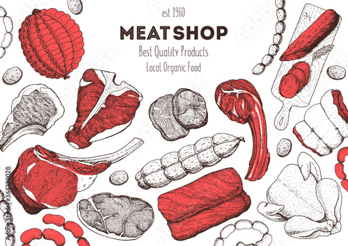 Meat products top view frame. Vector illustration. Engraved design. Hand drawn illustration. Pieces of meat design template. Great for package design. Chicken, beef, pork, sausage, lamb, ham sketch.
