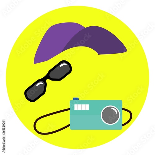 Vector graphics, set on a yellow background, cap, glasses and a camera. Flat design.