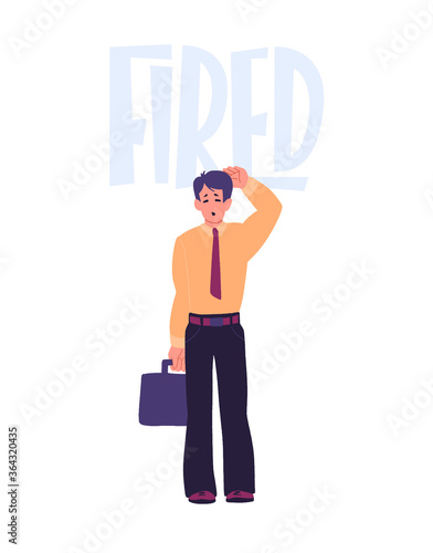 Unemployed man with box of belongings. Employee got fired.