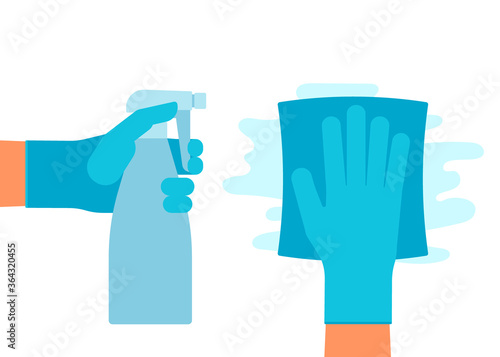 Bottle of antiseptic antibacterial spray and napkin in hand with gloves. Wipe with cloth. Spraying of aerosol, leaning surface rag. Antibacterial disinfection, hygiene, detergent. Vector illustration